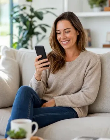 Patient smiling during a seamless consultation on her phone